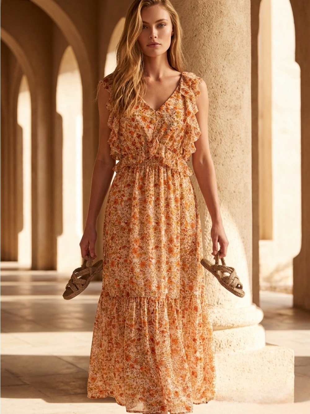 2 for $30 | Sleeveless Orange Floral Midi Dress with Ruffle Details